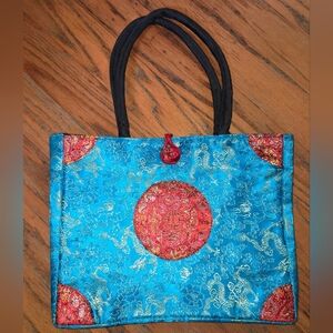New Chinese Embroidered Silk Handbag Purse Dragon Theme Blue Red Black Interior